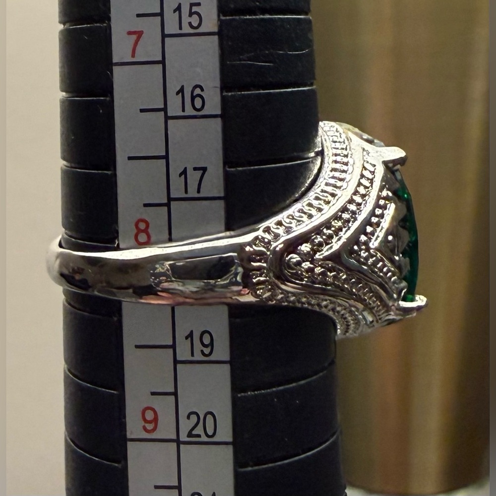 Ring - size 8.25 - silver tone stainless steel with green faux emerald stone New - Picture 9 of 9